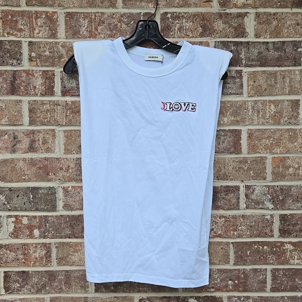 Sandro Just Love White Shoulder Pad Muscle Tee Shirt Size 0 - Picture 3 of 7
